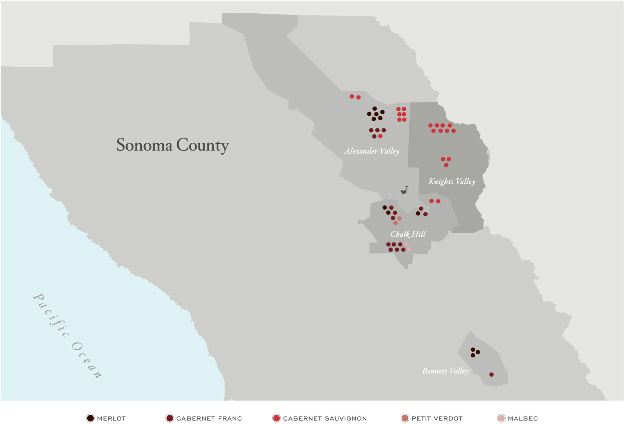 An areal map of five vineyard sites.