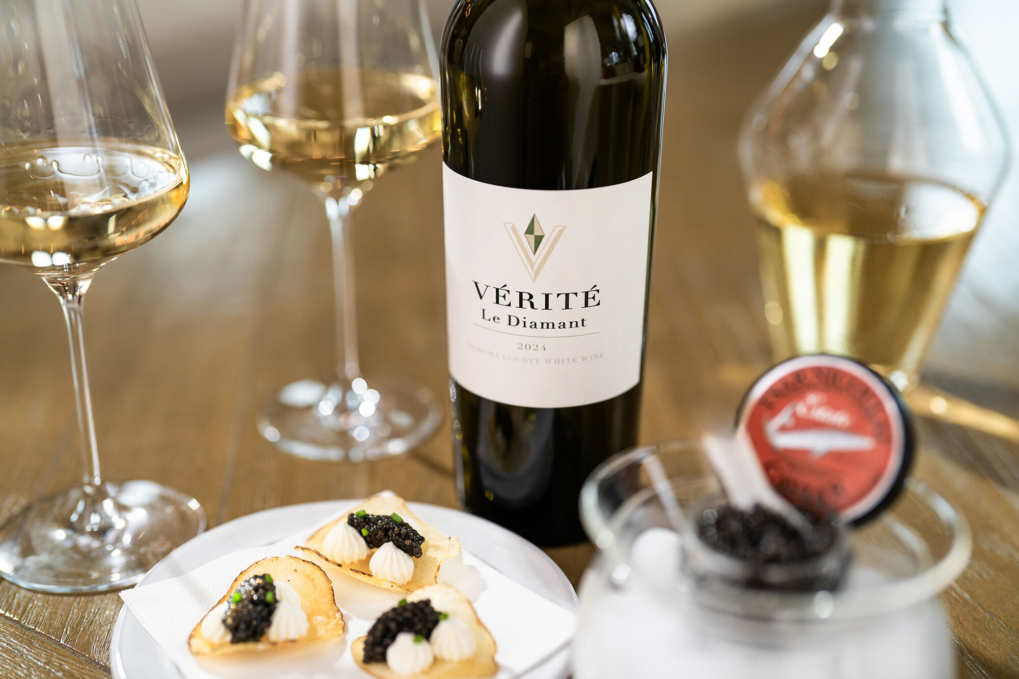 A bottle of Le Diamant with caviar 